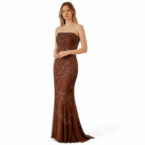 Vintage Riva Designs Silk Beaded Statement Gown Strapless Brown Old Hollywood. 2
